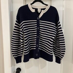Maeve Crewneck Navy Striped Button Front Cardigan Sweater Balloon Sleeve Small